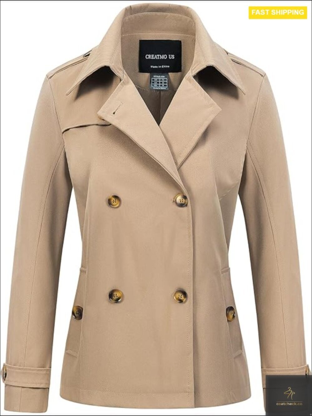 Cropped Trench Coat Classic Double Breasted Slim Fit Water Repellent Outerwear